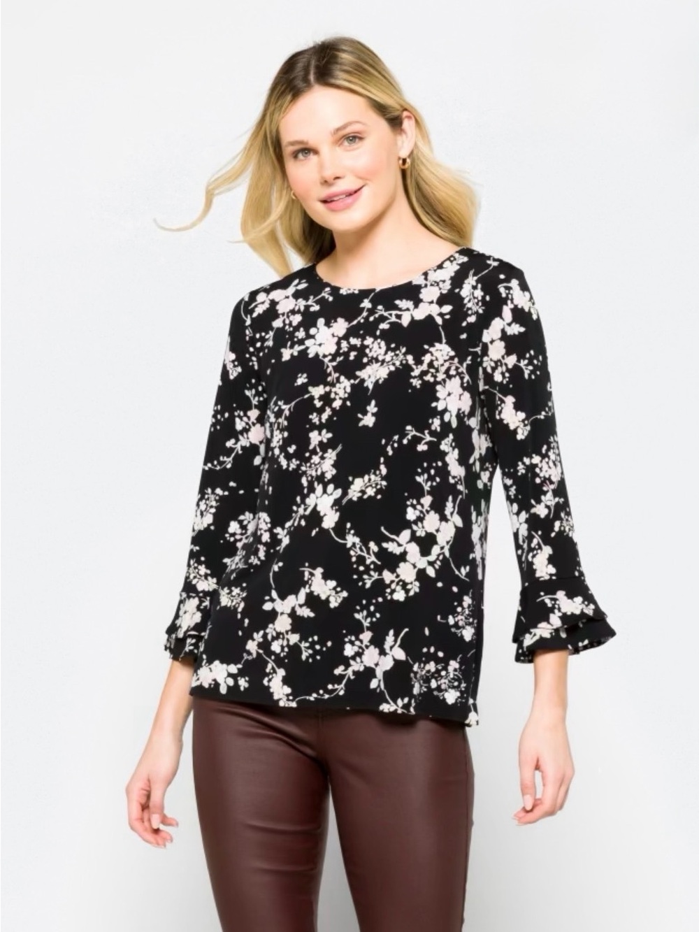 Karl Lagerfeld Black Long-Sleeve Floral Top with Pale Pink Blossoms